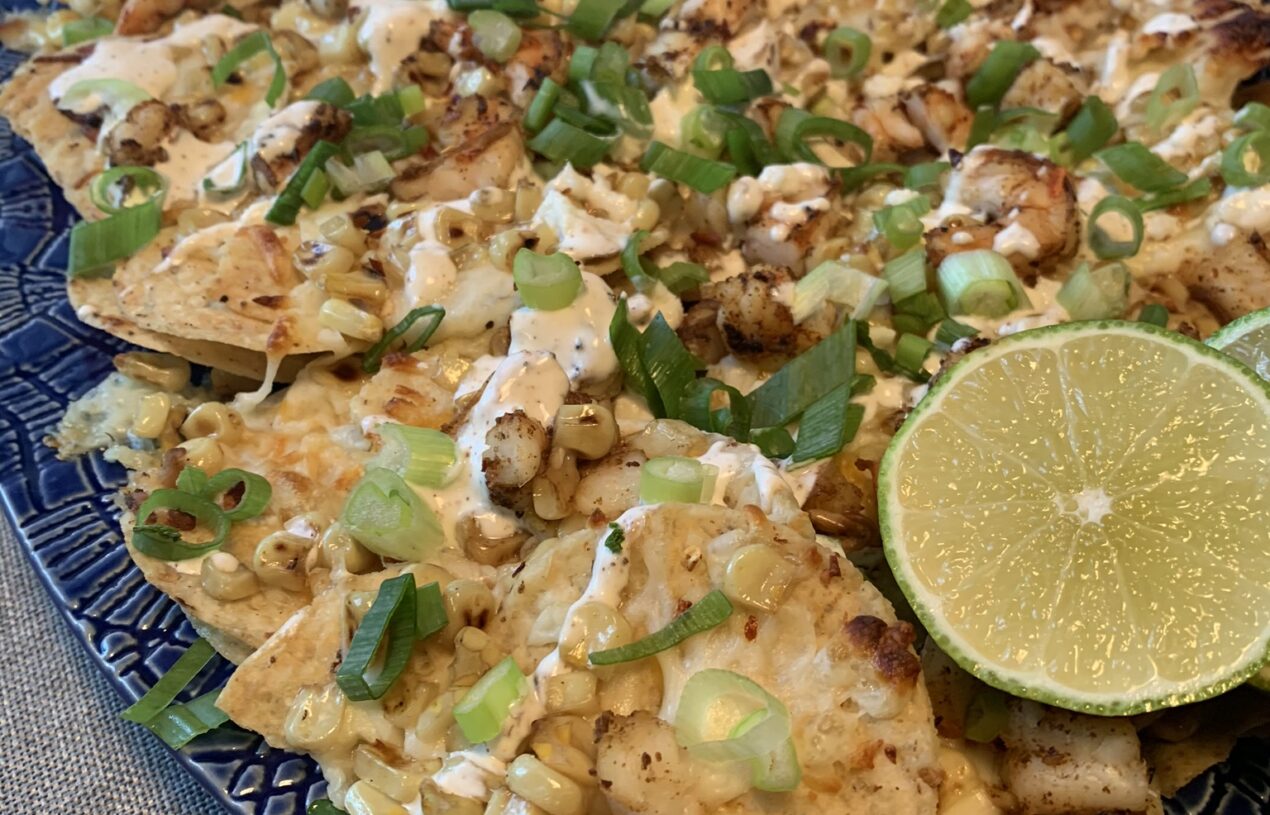 Mexican Street Corn Nachos with Chipotle Seared Shrimp