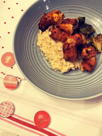 Air Fried Bacon Wrapped Blue Cheese Stuffed Shrimp with Caramelized Onion Risotto