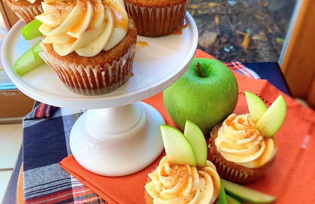 Caramel Apple Snickerdoodle Cupcakes with Cream Cheese Frosting