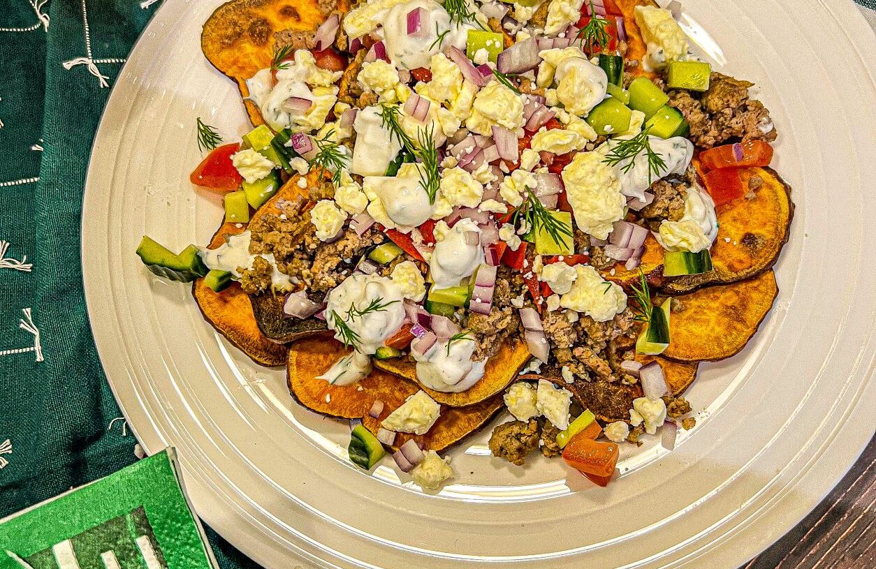 Game Day Greek Nachos with Air Fried Sweet Potato Chips