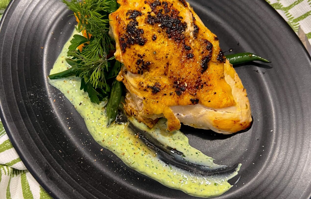 Seared Airline Chicken Breast with Carrot & Turnip Puree, Seared Haricot Verts & Herb Crema